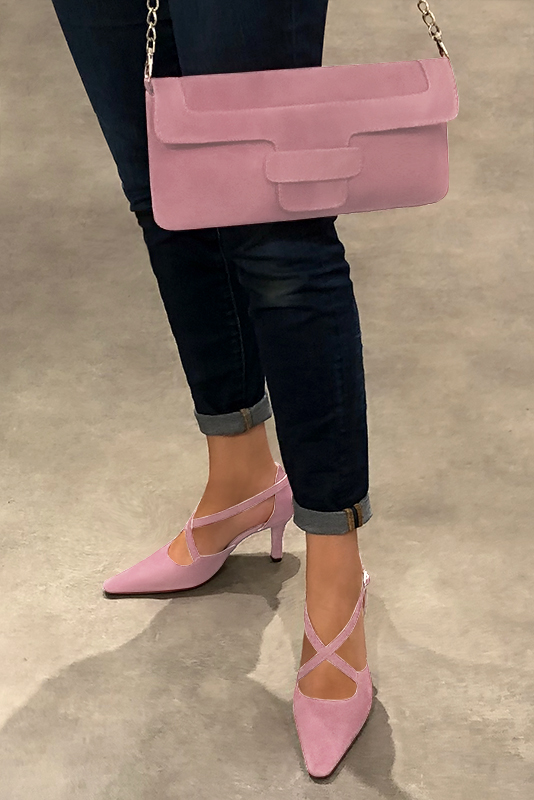 Carnation pink women's open side shoes, with crossed straps. Tapered toe. High slim heel. Worn view - Florence KOOIJMAN